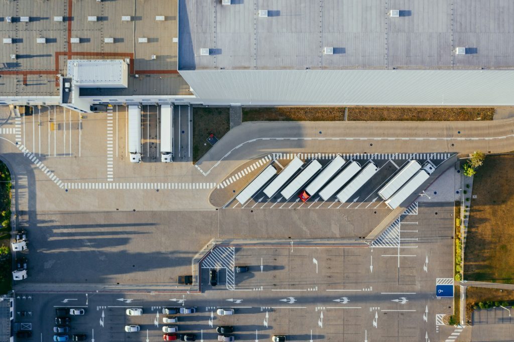 Loading docks with delivery trucks